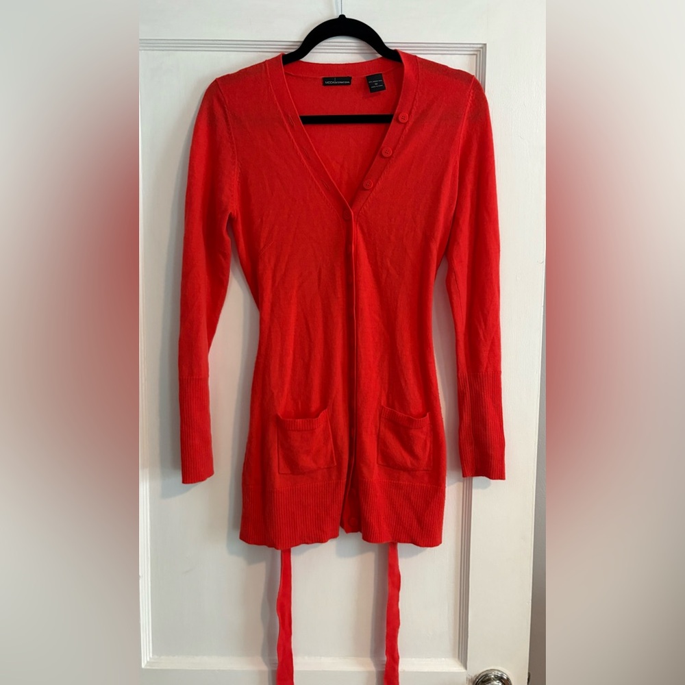 Women's Moda International Red 100% Merino Wool Cardigan with Belt Size Medium